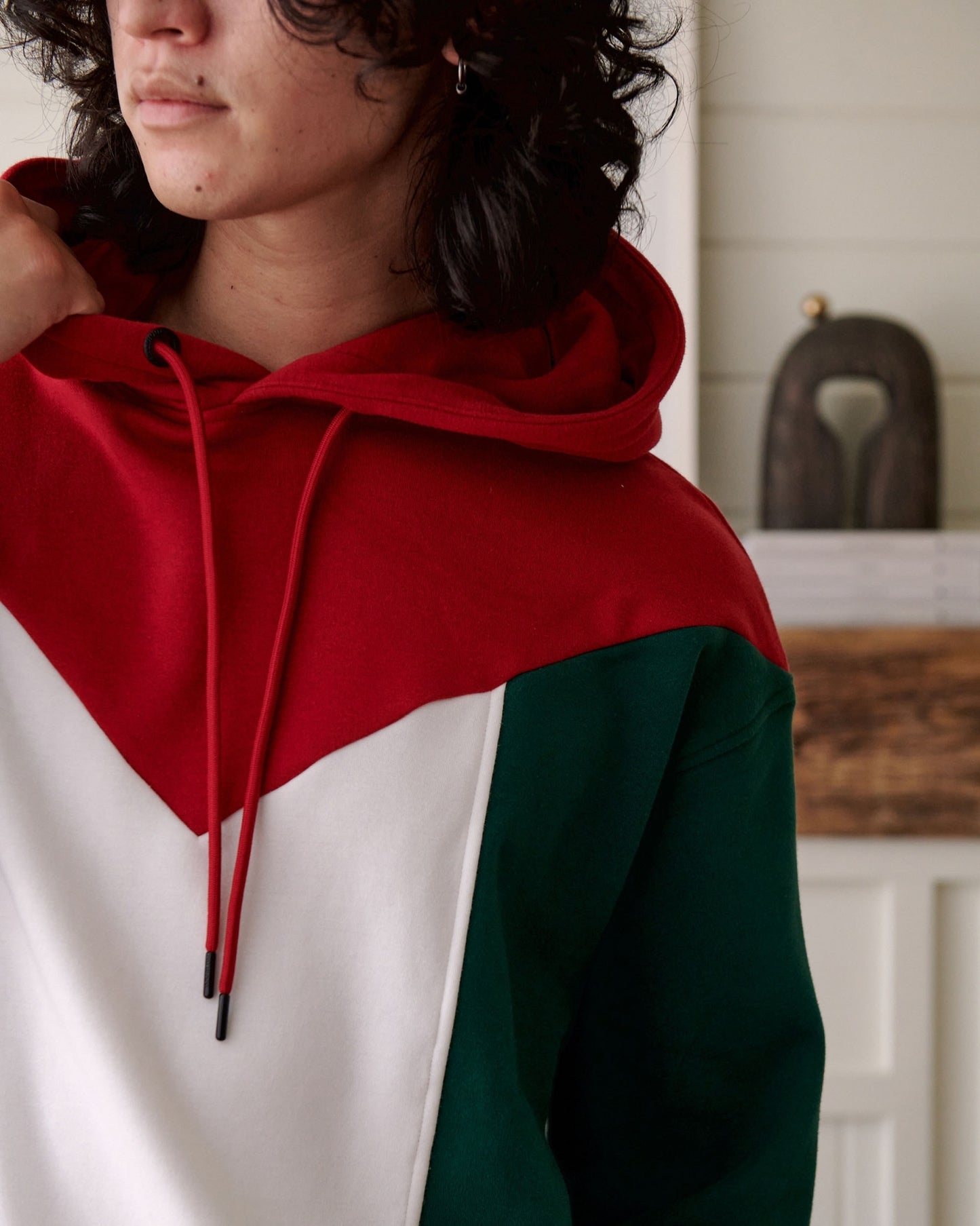Close-up of a young man wearing a red, white and green hoodie with a string.