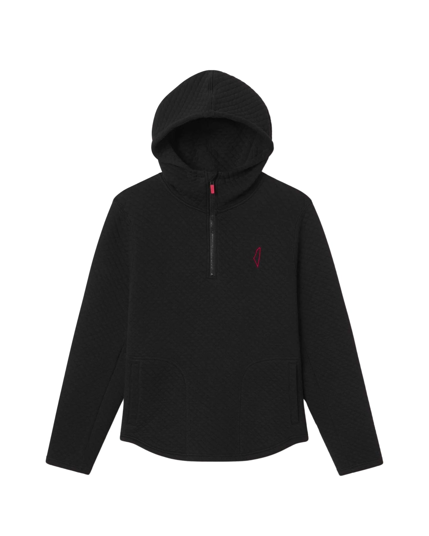 The Kick Back Hoodie in black features long sleeves, a hood, quarter-zip front, two front pockets, and a small red logo on the left chest. The textured fabric gives it a quilted look. Shown laid flat on a white background.