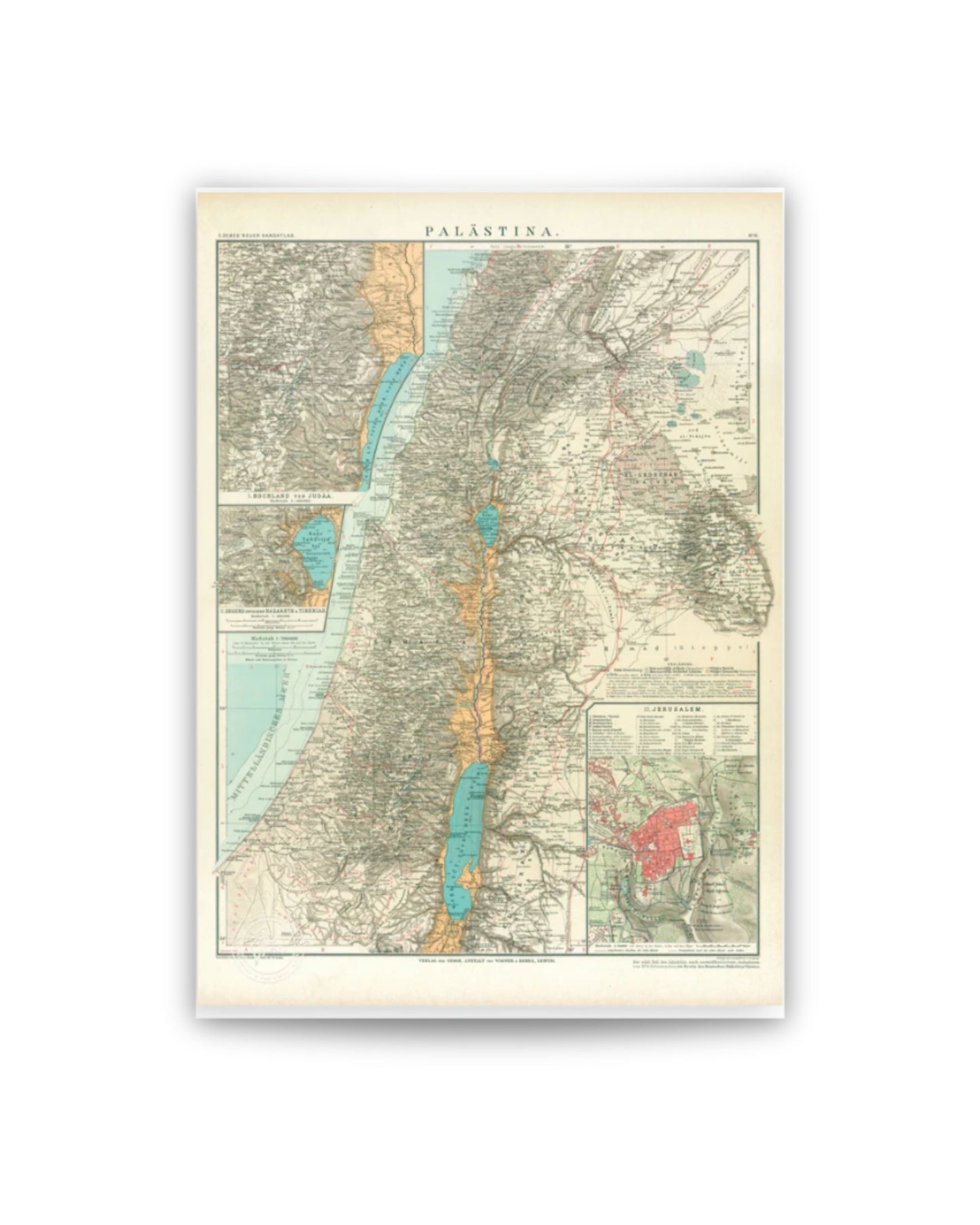 The 1905 Historic Map Of Palestine Print depicts regions, cities, water bodies, and topography of historic Palestine. German text and insets offer detailed views and extra information on this vintage map.
