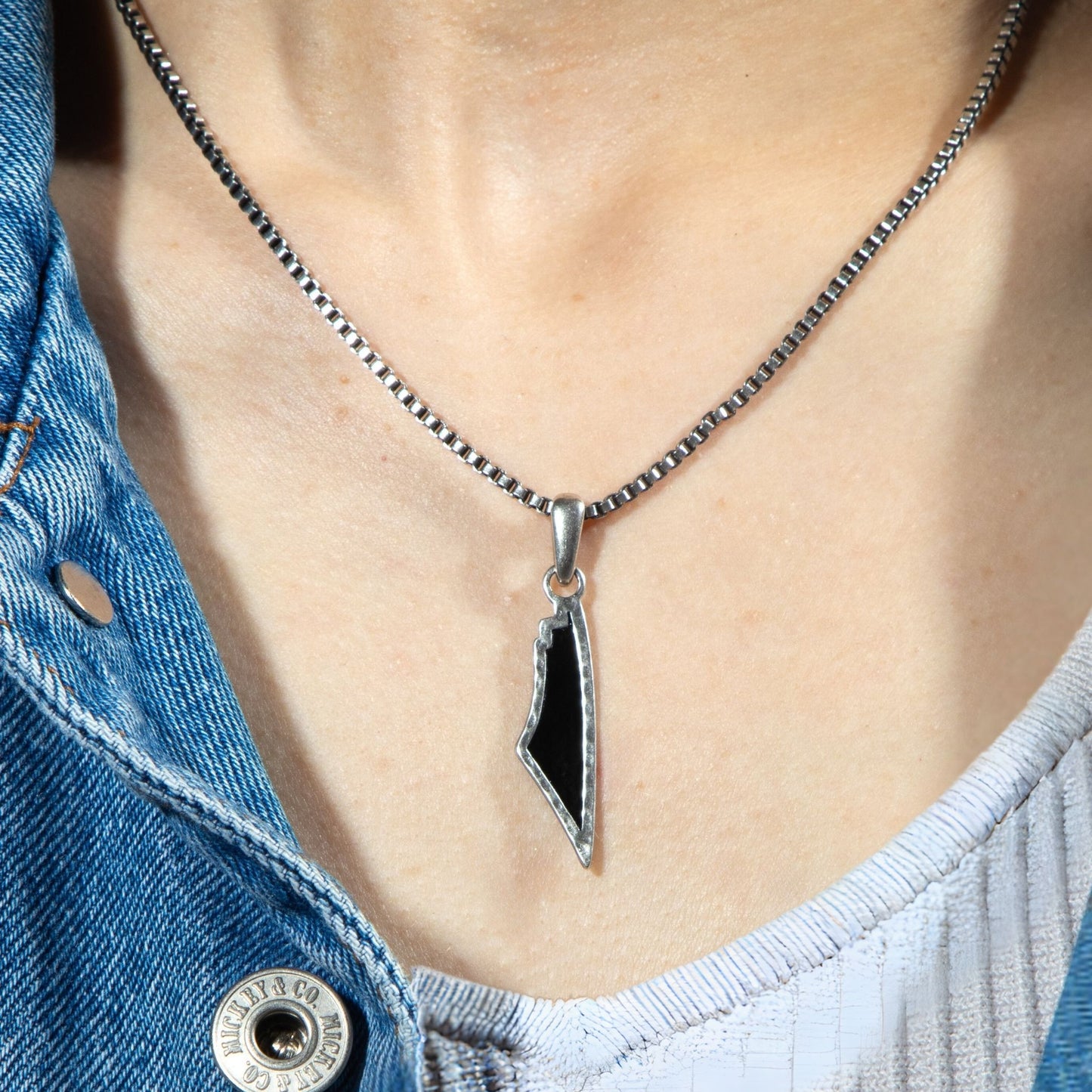 Obsidian Stone Map of Palestine Necklace Silver