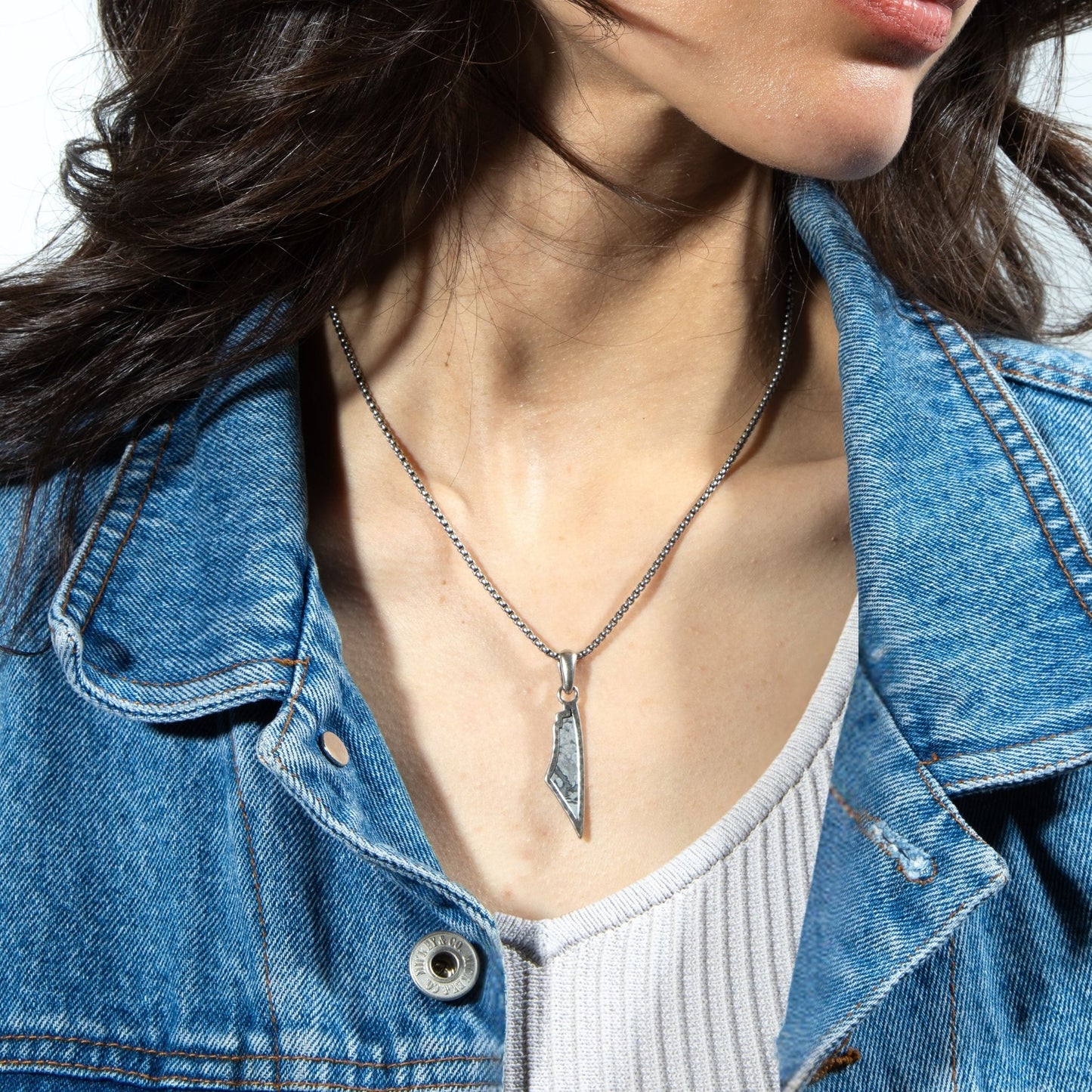 White Agate Stone Map of Palestine Necklace Silver