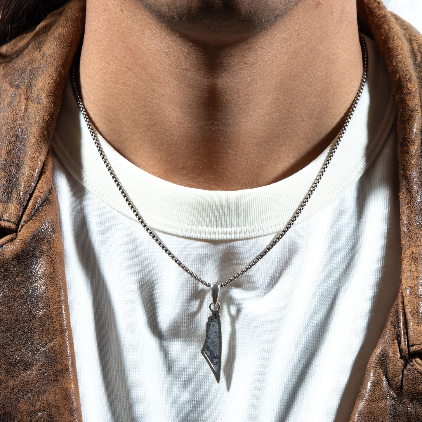 White Agate Stone Map of Palestine Necklace Silver