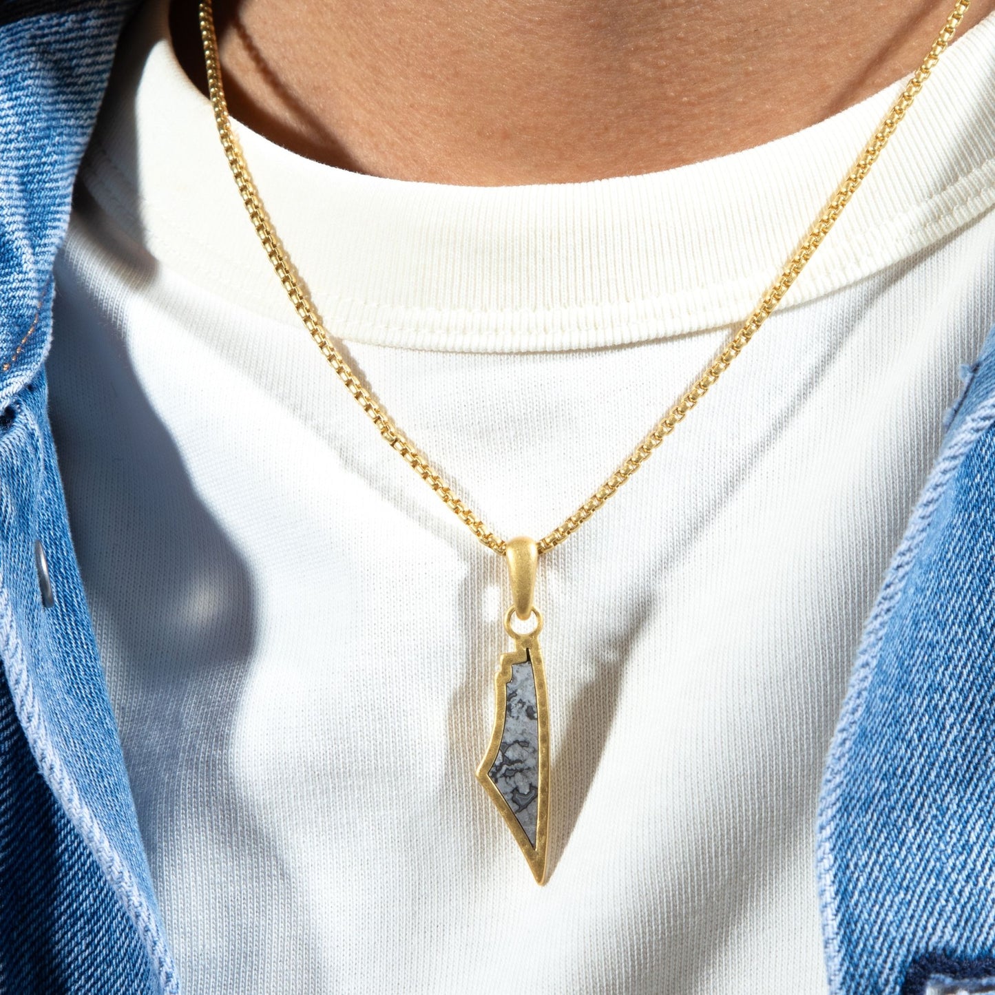 White Agate Stone Map of Palestine Necklace Gold