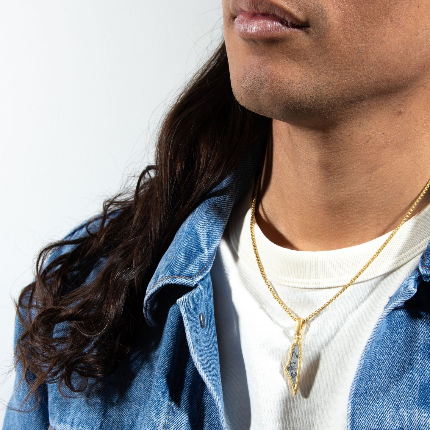 White Agate Stone Map of Palestine Necklace Gold