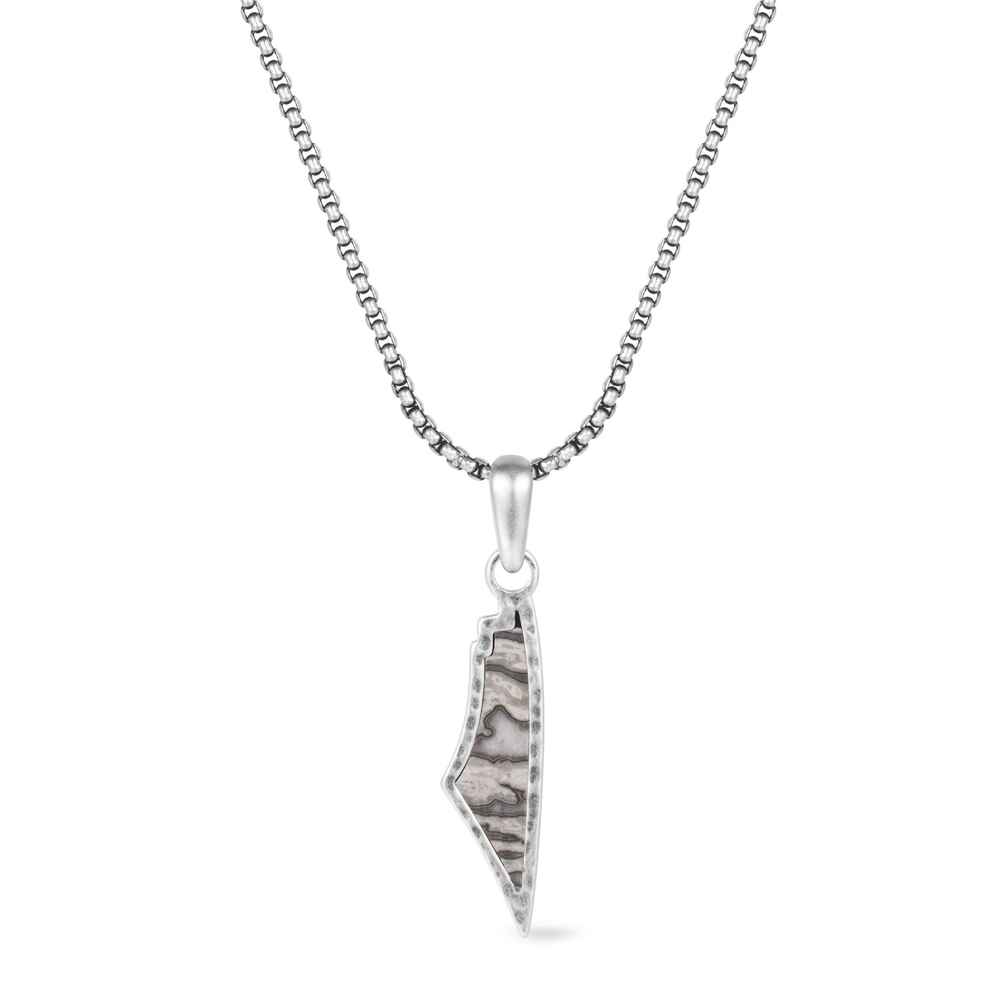 White Agate Stone Map of Palestine Necklace Silver