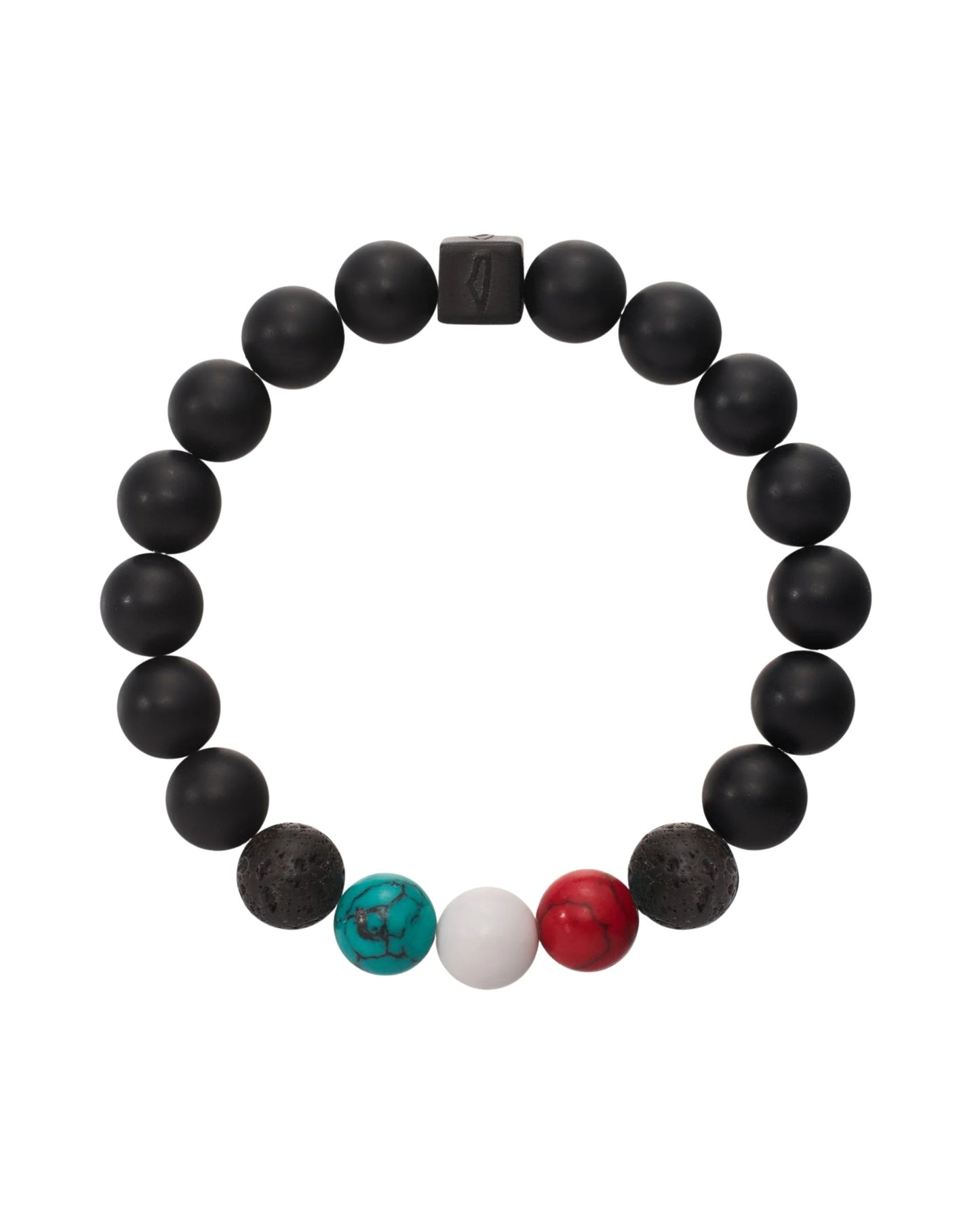 The Hudu’ Bracelet features mostly black matte beads with four distinct beads - turquoise, red, white, and a textured black bead - in a row, finished with a black square clasp.