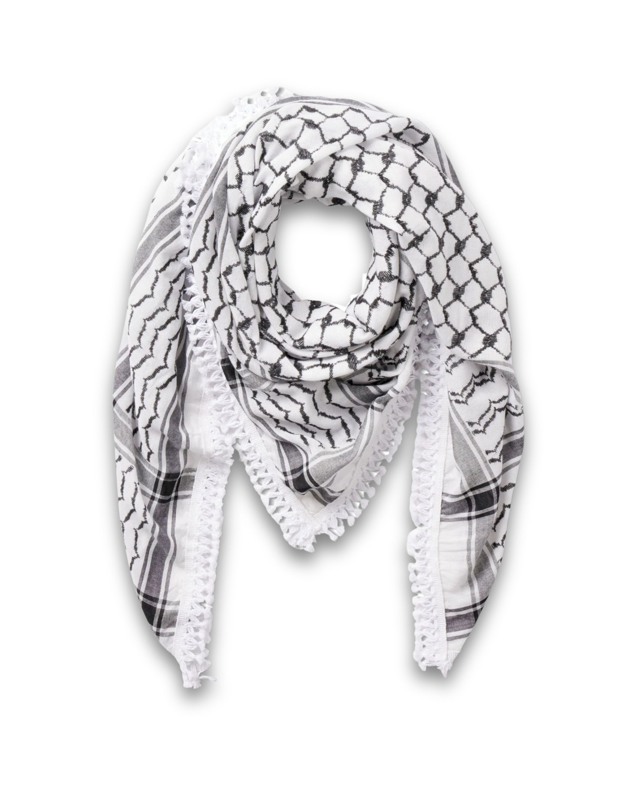 The Nablus Classic Kufiya, a Palestinian black and white patterned scarf with tasseled edges, is folded in a triangle shape against a white background.