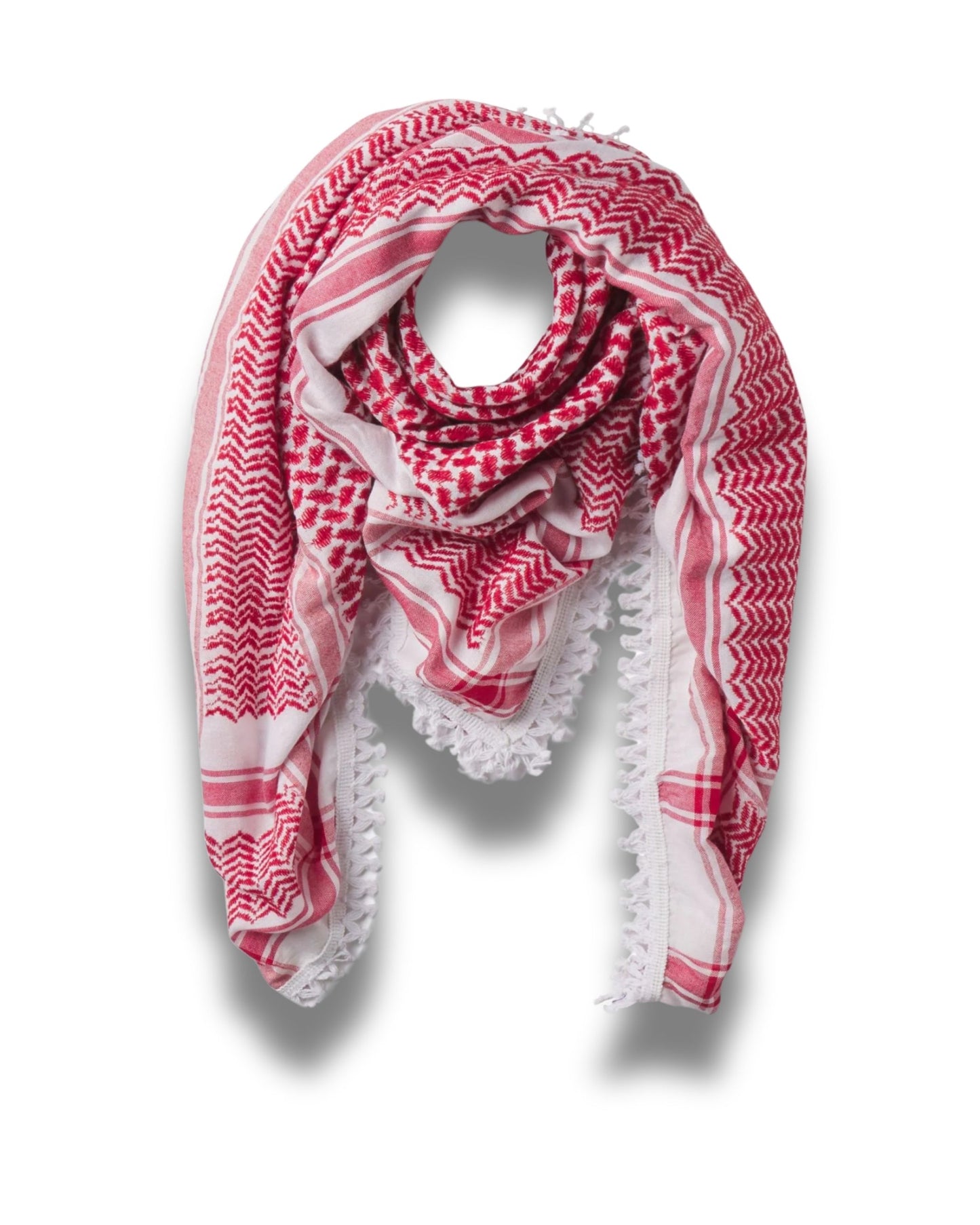 The Nablus Passion Red Kufiya features a traditional Palestinian red and white geometric pattern with white tassels, elegantly draped in a loose loop against a plain white background.