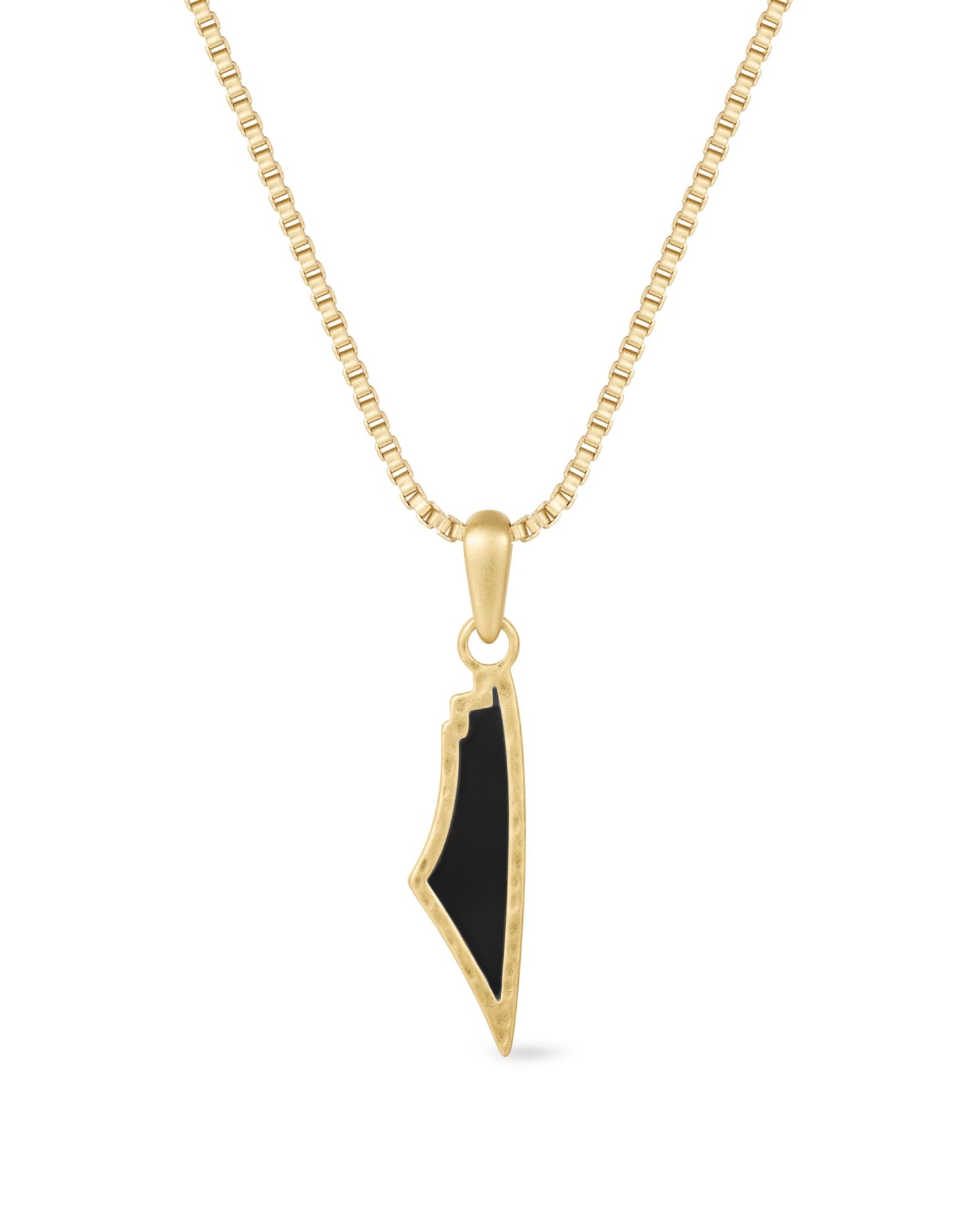 The Obsidian Stone Map of Palestine Necklace features a gold chain with a vertically hanging pendant shaped the Palestine map, showcasing a black obsidian inlay outlined in gold.