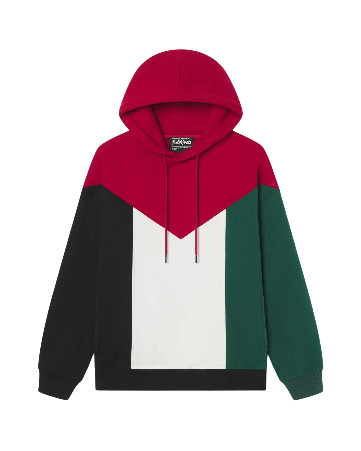 The Pali Flag Hoodie is a hooded sweatshirt with a color-block design featuring black, white, green, and red sections, resembling the Palestinian flag. The hoodie has a front pocket and a drawstring hood.