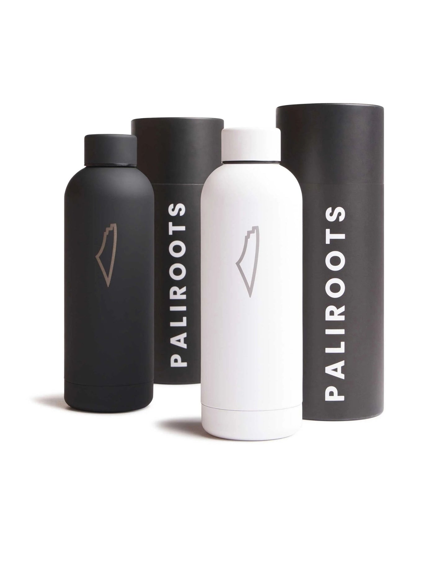 Four black and white water bottles, two labeled with the word "Paliroots" prominently displayed, and two with light logotypes on the center of each bottle.