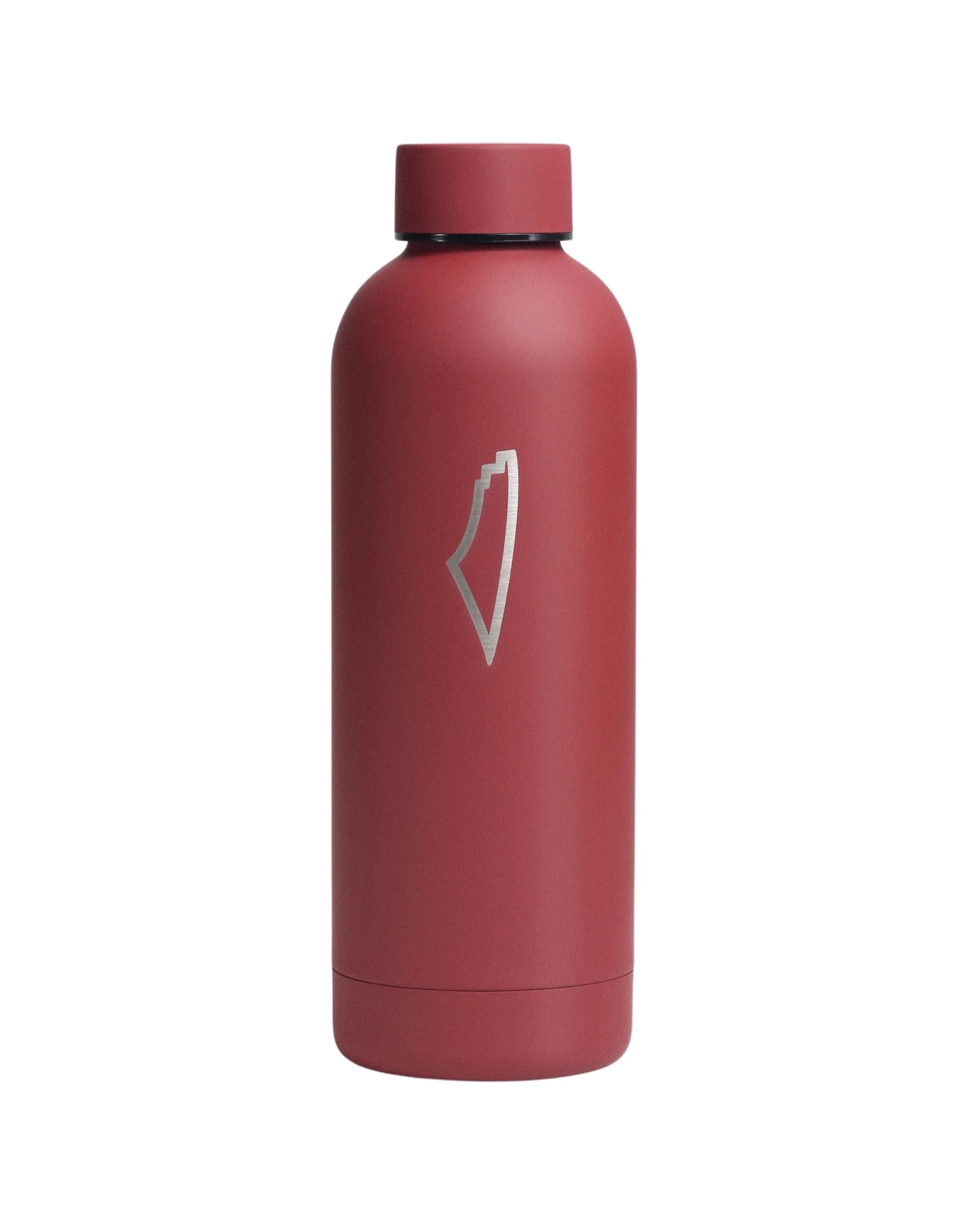 A ruby Stainless Steel Water Bottle with a cylindrical shape, screw-on cap, and minimalist light grey outline logo on the front, displayed against a white background.