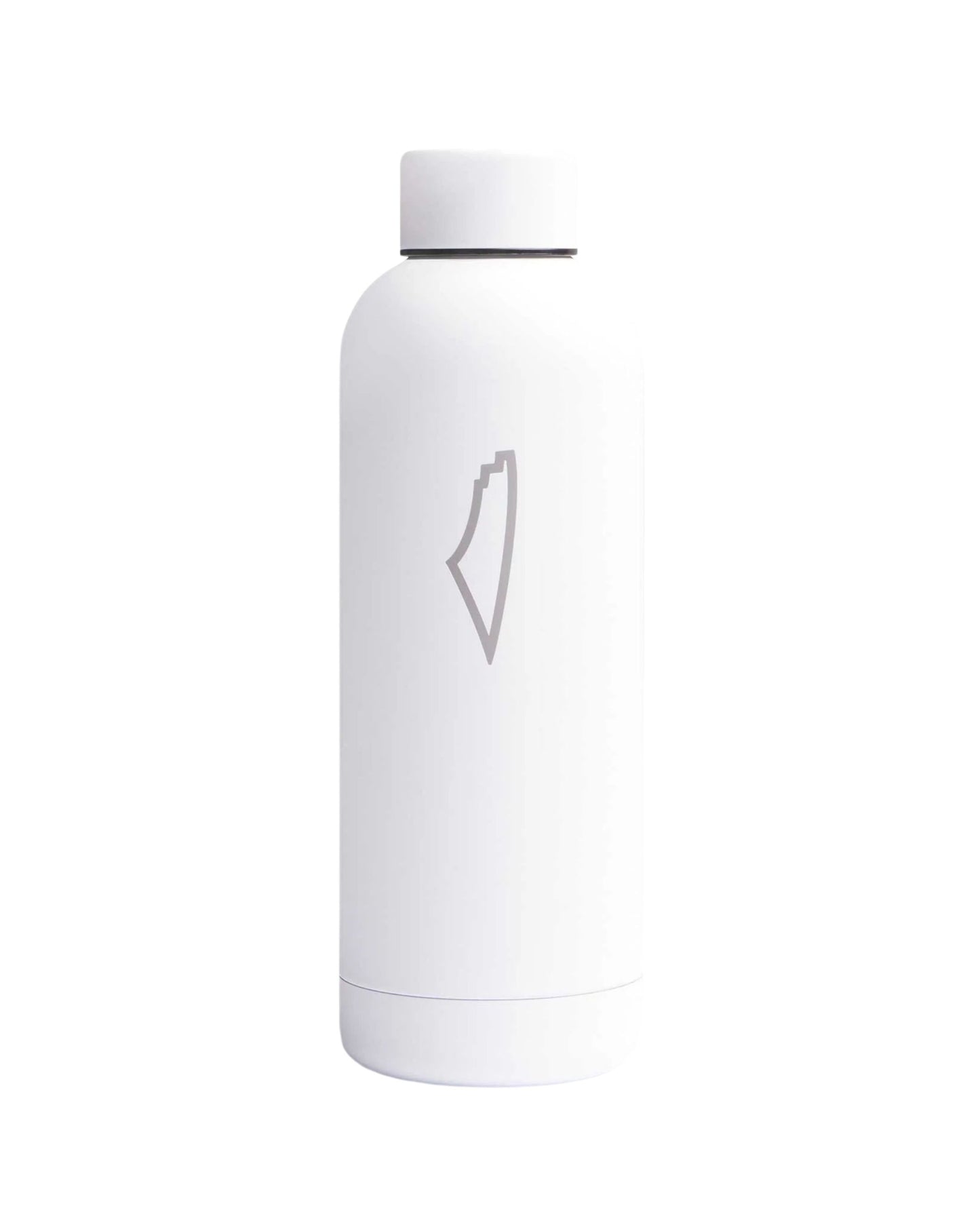 A white Stainless Steel Water Bottle with a cylindrical shape, screw-on cap, and minimalist light grey outline logo on the front, displayed against a white background.