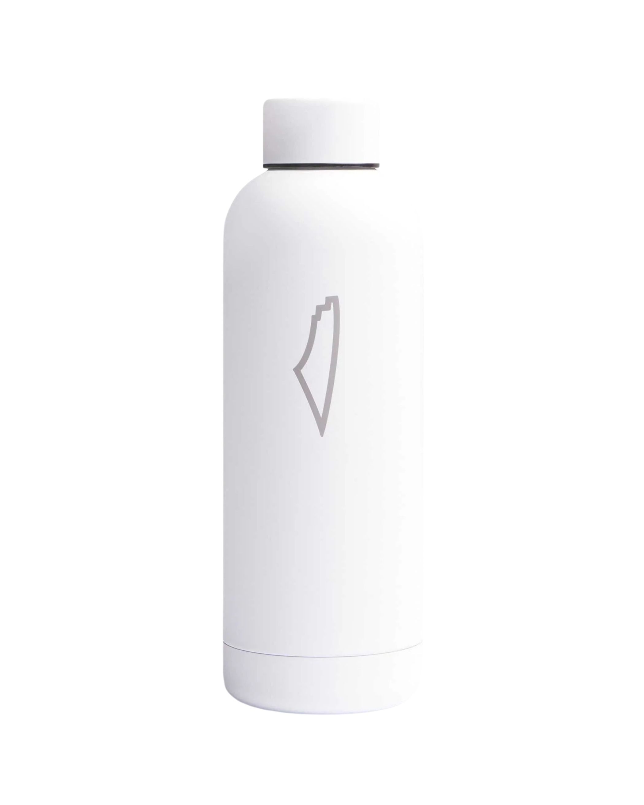A white Stainless Steel Water Bottle with a cylindrical shape, screw-on cap, and minimalist light grey outline logo on the front, displayed against a white background.