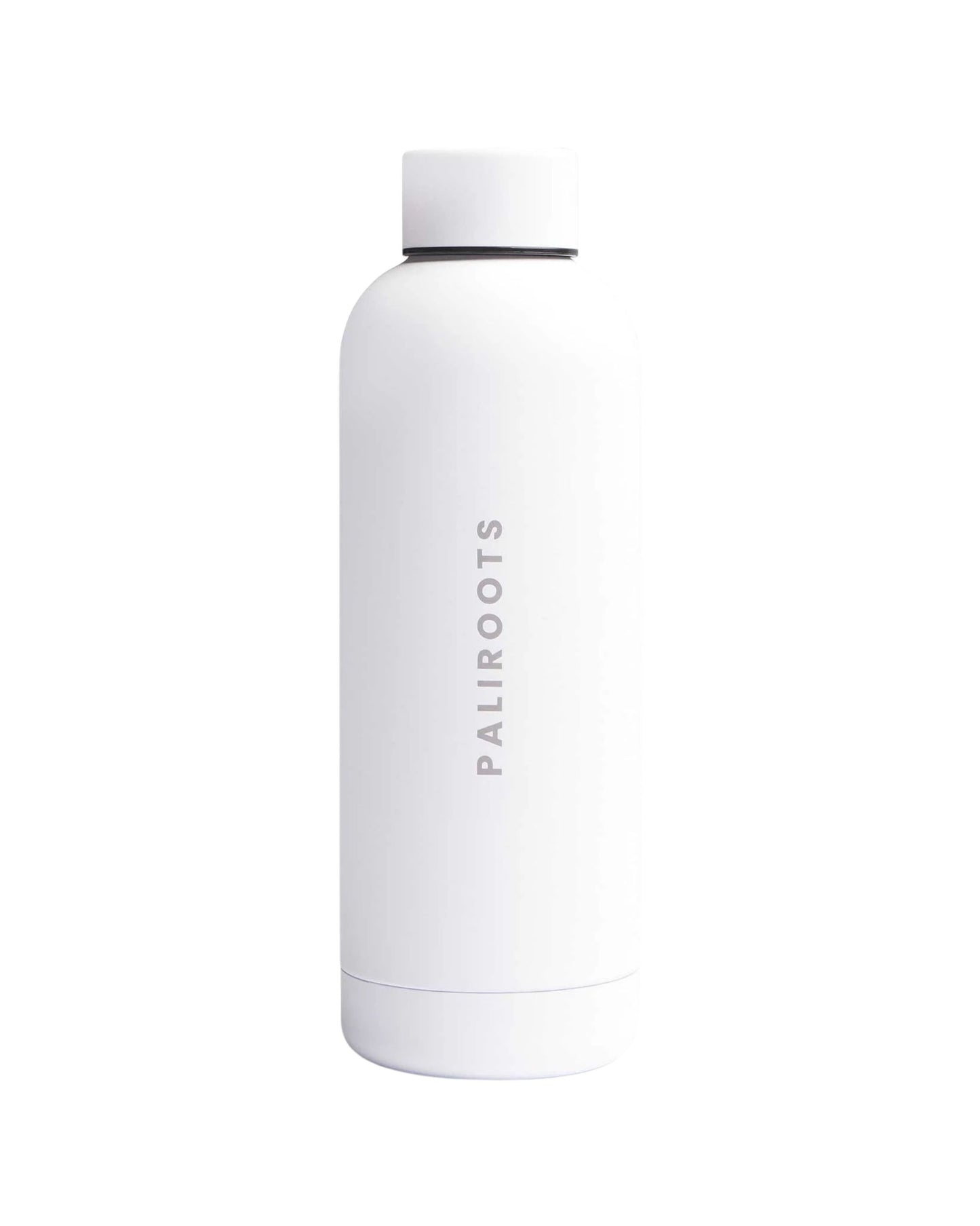 A white Stainless Steel Water Bottle with a cylindrical shape, screw-on cap, and minimalist light Paliroots type on the front, displayed against a white background.