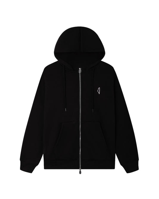 The Core Zip Up Hoodie Black is a black zip-up with a drawstring hood, two front pockets, ribbed cuffs and hem, and a small white geometric logo on the left chest.